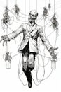 Drawing of skeleton in suit and tie with jar of dead bugs. Generative AI