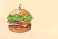 Drawing sketch of a burger drawn in watercolor on paper on bright background