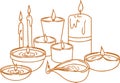 Sketch of Burning Candle and Using Handmade DIya during Diwali Festival Celebration Editable Outline Illustration