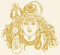 Drawing or Sketch of Closeup Lord Shiva head and Face with Cobra and Trident, hair scattered outline