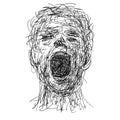 Drawing sketch of expressive face of person screaming loud