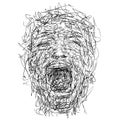 Drawing sketch of expressive face of person screaming loud