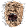 Drawing sketch of expressive face of person screaming loud