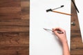 Drawing sketch flat lay. Painter draw with pensil Royalty Free Stock Photo