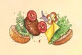 Drawing sketch of a flying burger in pieces and ingredients, painted with watercolor on paper on a light background