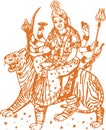 Sketch of Goddess Durga or Chamundi Sit above the Tiger Editable Vector Outline Illustration Royalty Free Stock Photo