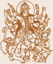 Sketch of Goddess Durgi or Durga Maa Sitting above the Tiger and Lion Killing Mahishasura Outline Editable Vector Illustration