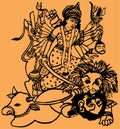 Sketch of Goddess Durgi or Durga Maa Sitting above the Tiger and Lion Killing Mahishasura Outline Editable Vector Illustration
