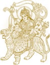 Sketch of Goddess Durgi or Durga Maa Sitting above the Tiger and Lion Killing Mahishasura Outline Editable Vector Illustration Royalty Free Stock Photo