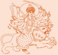 Sketch of Goddess Durgi or Durga Maa Sitting above the Tiger and Lion Killing Mahishasura Outline Editable Vector Illustration