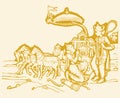 Sketch of the hindu epic Mahabharata`s Lord Krishna showing vishwaroopa and telling the Gita in a Kurukshetra War editable outlin