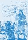 Sketch of the hindu epic Mahabharata`s Lord Krishna showing vishwaroopa and telling the Gita in a Kurukshetra War editable outlin