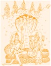Sketch of Hindu Gods Lord Shiva and Vishnu Sitting together above the Snake Adishesha outline editable illustration