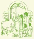 Drawing of Hindu Ritual of Entry of Cow to the New Constructed Building during Gruha Pravesha