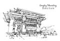 Drawing sketch illustration of Gangtey Monastery in Nyingmapa, Bhutan