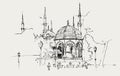 Drawing sketch illustration of the German Fountain and the Blue Mosque, Istanbul