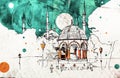 Drawing sketch illustration of the German Fountain and the Blue Mosque, Istanbul