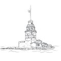 Drawing sketch illustration of the Maiden`s Tower, the tower on an islet in the middle of the Bosphorus, Istanbul