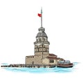 Drawing sketch illustration of the Maiden`s Tower, the tower on an islet in the middle of the Bosphorus