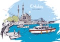 Drawing sketch illustration of Ortakoy Mosque Royalty Free Stock Photo