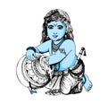 Drawing of Sketch of Lord Little Krishna Standing with Butter Pots. Vector Illustration of Kid Krishna. Indian lord