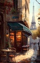 A drawing, a sketch of a Parisian street, cafes, shops, beautiful season, charming atmosphere, ai generative