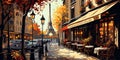 A drawing, a sketch of a Parisian street, cafes, shops, beautiful season, charming atmosphere, ai generative