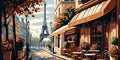 A drawing, a sketch of a Parisian street, cafes, shops, beautiful season, charming atmosphere, ai generative
