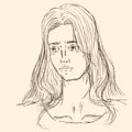 Drawing sketch sad girl with loose hair big eyes