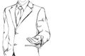 Drawing sketch simple line of business man with open palm hand action for invite meaning on friendly business