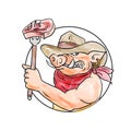 Cowboy Hog Holding Barbecue Steak Drawing Color