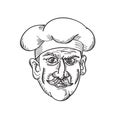 Head of Italian Chef Cook Baker or Food Worker Wearing Moustache Front View Drawing Retro Black and White