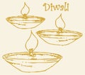 Sketch of Traditional Handmade Diya or Oil Lamp Outline Editable Illustration