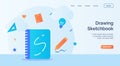 Drawing sketchbook icon campaign for web website home homepage landing template banner with cartoon flat style