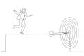 Drawing of skillful businesswoman acrobat walk on rope to reach bullseye dart target. Metaphor fro challenge to overcome