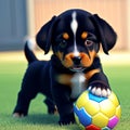 drawing of a small domestic dog puppy playing with a ball