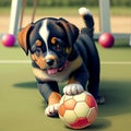 drawing of a small domestic dog puppy playing with a ball