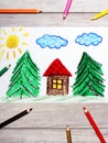 Drawing: small house surrounded by coniferous trees Royalty Free Stock Photo