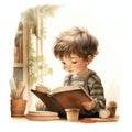 Drawing of a small reading boy, sitting on his table