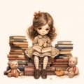 Drawing of a small reading girl, sitting on a pile of books