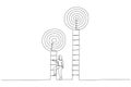 Drawing of smart businesswoman about to climb up ladder to achieve short term goal. Metaphor for focus on short term goal to Royalty Free Stock Photo