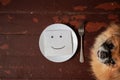 A drawing of a smile lies on a white empty plate on a wooden table, and next to it stands a Pekingese Royalty Free Stock Photo