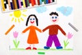 Drawing: smiling boy and girl holding hands. Royalty Free Stock Photo