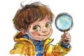 A drawing of a smiling boy holding a magnifying glass. Concept of children exploring the world. Generative AI. Royalty Free Stock Photo