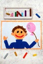 Drawing: Smiling boy with pink balloon in his hand Royalty Free Stock Photo