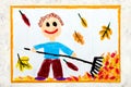 Drawing: A smiling boy is raking leaves Royalty Free Stock Photo