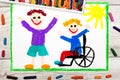 Drawing: Smiling boy sitting on his wheelchair. Disabled boy with a friend Royalty Free Stock Photo