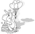 Drawing of a Smiling Elephant with Balloons and Cake at a Celebration