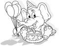 Drawing of a Smiling Elephant at Birthday Party with Cake and Party Balloons