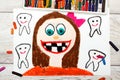 Drawing: Smiling girl without milk teeth. Losing baby teeth.